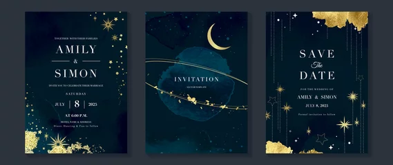 Foto auf Acrylglas Galaxy themed wedding invitation vector template. Collection of luxury save the date card with watercolor, moon, gold sparkle. Starry night cover design for background, greeting, brochure, flyer. © TWINS DESIGN STUDIO