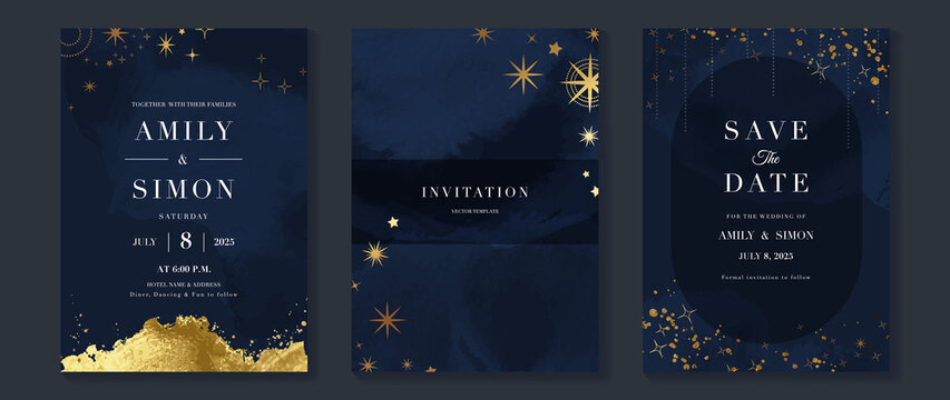 Galaxy themed wedding invitation vector template. Collection of luxury save the date card with watercolor, star, gold sparkle. Starry night cover design for background, greeting, brochure, flyer.
