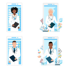Set of friendly doctor consults a patient via online video call on the phone. Vector illustration on a modern minimalistic style. Online medicine.