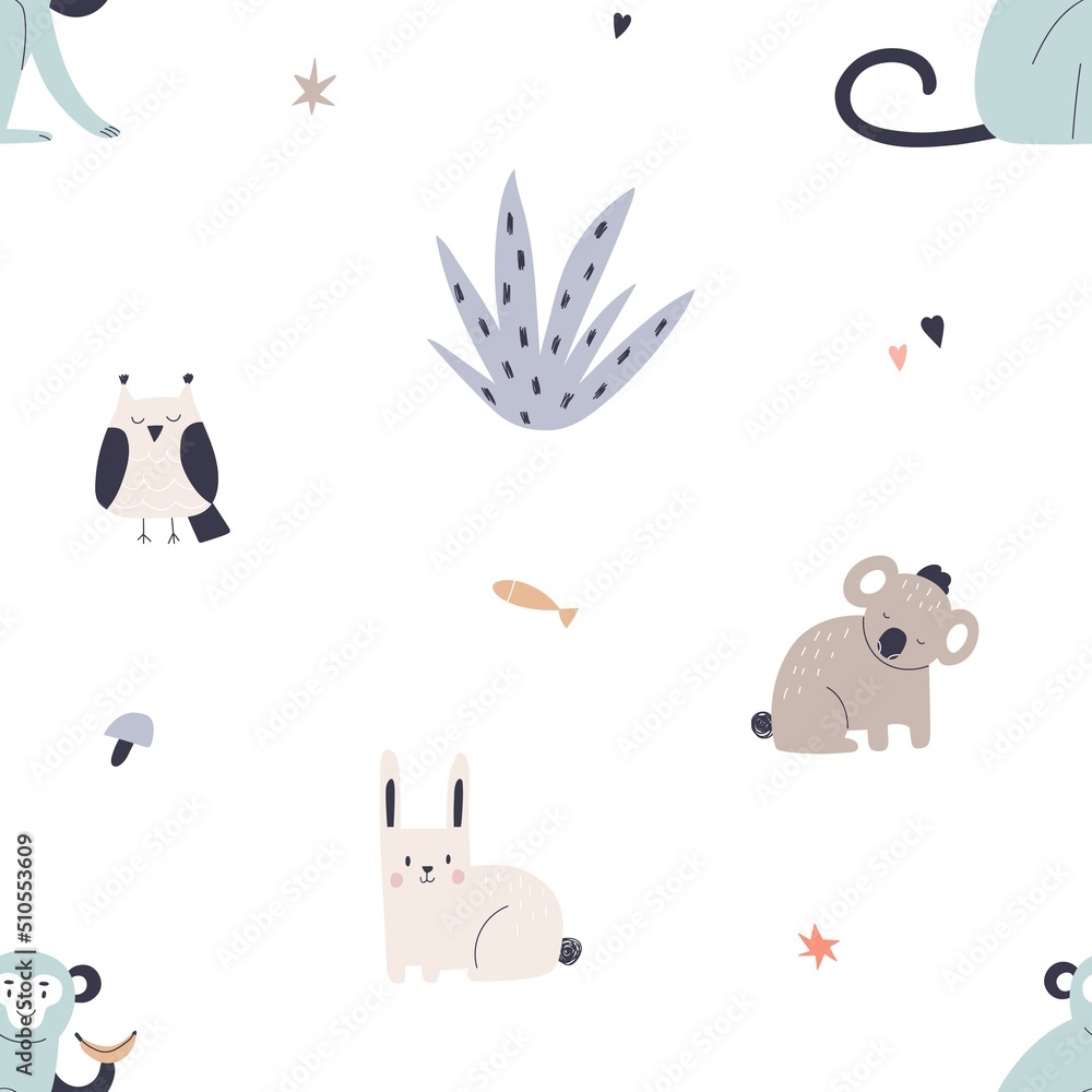 Poster Seamless Scandinavian pattern with cute animals. Endless childish background with repeating print. Scandi-styled texture design. Kids colored flat vector illustration for fabric, wallpaper, decoration