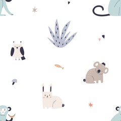 Seamless Scandinavian pattern with cute animals. Endless childish background with repeating print. Scandi-styled texture design. Kids colored flat vector illustration for fabric, wallpaper, decoration