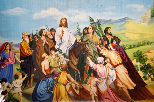 Painting in Cosauti monastery church, Moldova. Palm sunday, Jesus entering Jerusalem on a donkey