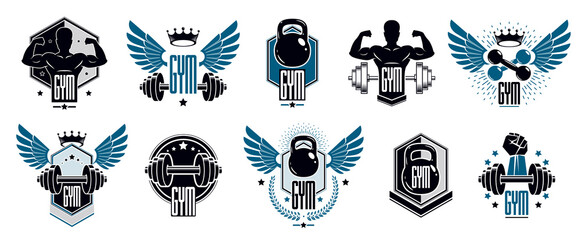 Gym fitness sport emblems and logos vector set isolated with barbells dumbbells kettlebells and muscle body man silhouettes and hands, athletics workout sport club, active lifestyle. - obrazy, fototapety, plakaty