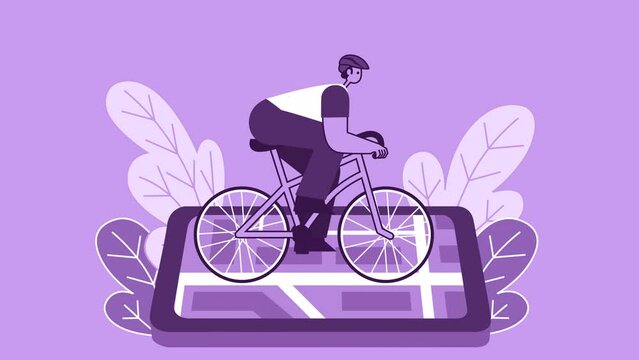 Purple Style Man Flat Character Speed Riding Bike with Smartphone. Isolated Loop Animation with Alpha Channel