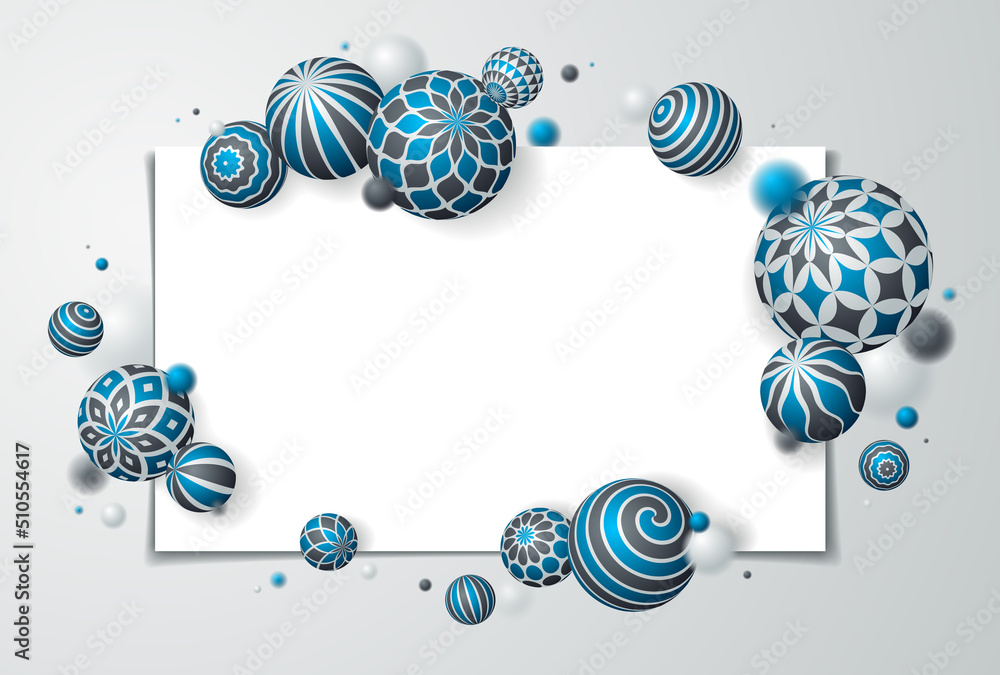 Poster abstract spheres vector background with blank paper sheet, composition of flying balls decorated wit