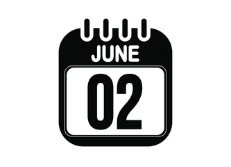 June 2. Day 2 of June. Black and white calendar vector. Template for the days of june.