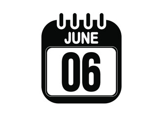 June 6. Day 6 of June. Black and white calendar vector. Template for the days of june.