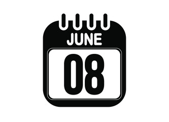 June 8. Day 8 of June. Black and white calendar vector. Template for the days of june.