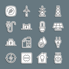 Set line Propane gas tank, Electric plug, Solar energy panel, tower, Hydroelectric dam, and LED light bulb icon. Vector
