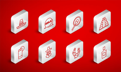 Set line Tequila bottle, Hola, Gong, Chichen Itza in Mayan, Cactus, Mexican sombrero, man and glass with lemon icon. Vector © vector_v