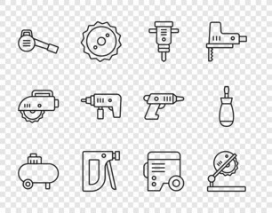 Set line Air compressor, Table saw for woodwork, Construction jackhammer, stapler, Leaf garden blower, Electric drill machine, Power electric generator and Screwdriver icon. Vector