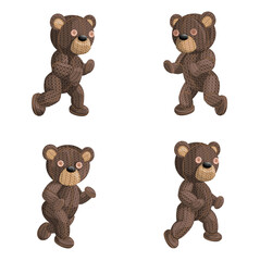 Vector image of a set of four knitted bears in various positions. Isolated on white background. EPS 10