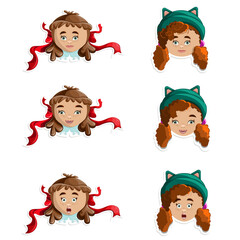 Vector image of girls' faces in the form of stickers. Isolated on white background. EPS 10