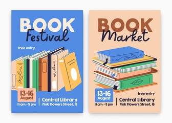 Book festival, fair ad poster designs. Promo flyer background templates with abstract literature for reading and education event in library, sale in store, bookshop. Colored flat vector illustrations