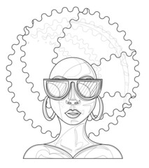 Vector image of a dark-skinned woman in sunglasses and a luxurious hairstyle in full face, isolated on a white background. EPS 10