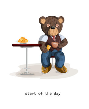 Vector image of a toy bear sitting with a cup and a treat at the table. Concept. Cartoon style. Isolated on white background. EPS 10