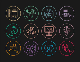 Set line Dollar rate decrease, Shutdown of factory, Tearing money banknote, Debt ball chained coin, Contract and pen, Global economic crisis news and Drop crude oil price icon. Vector