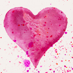 Watercolor painted pink heart, on the white watercolor paper.