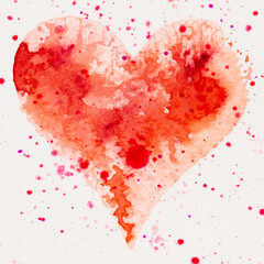 Watercolor painted pink heart, on the white watercolor paper.