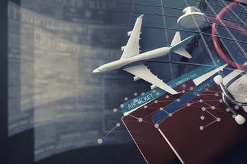 Airplane, passport, boarding pass and stethoscope. Passenger air insurance concept.