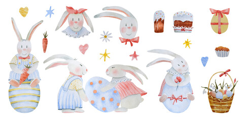 Watercolor Easter set. Easter bunnies, Easter egg basket, Easter cakes, flowers, carrots, stars and hearts. Spring, children's illustration.