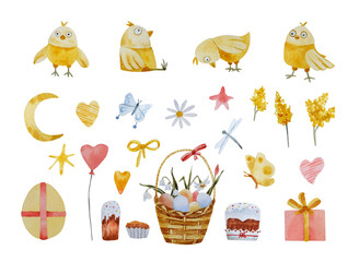Watercolor Easter set. Easter chickens, Easter egg basket, Easter cakes, mimosa flowers, butterflies, stars and hearts. Spring, children's illustration.