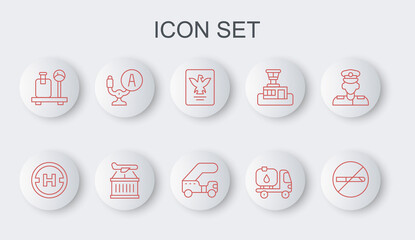 Set line No Smoking, Helicopter landing pad, Passport, Fuel tanker truck, Scale with suitcase, Aircraft steering helm, Plane and Passenger ladder icon. Vector