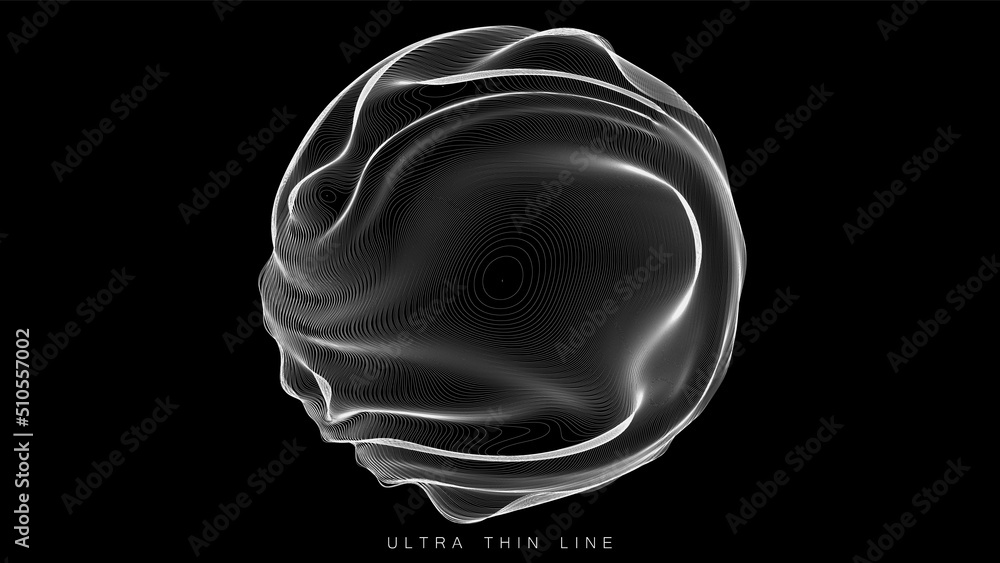 Poster ultra thin line fluid geometry. dynamic vector distorted spheres.