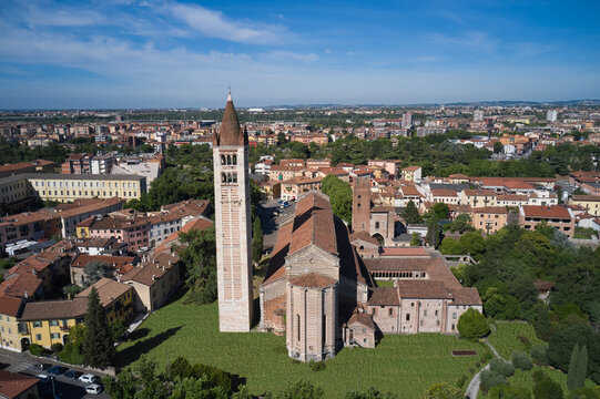 Aerial panorama of Verona, Italy. Aerial view of Basilica di San Zeno Maggiore church in Verona, Italy.