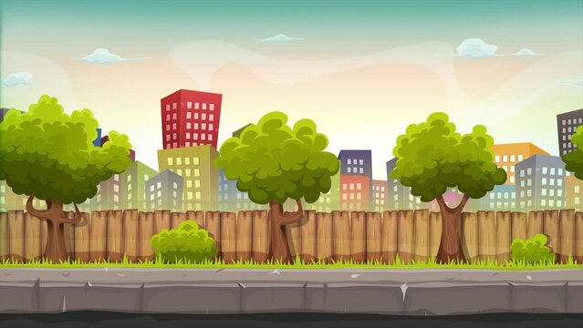 Seamless Street City With Parallax Effect/ 4k animation Loop of a cartoon seamless urban city landscape with fancy buildings and skyscrapers, for game ui
