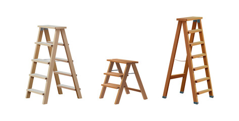 3d realistic vector icon illustration. Wooden ladder small, medium and big side view, isolated on white background.