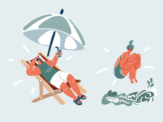 Vector illustration of people on seaside resort. Beach resort vacation. Woman goes to the water and a man goes to a chaise longue