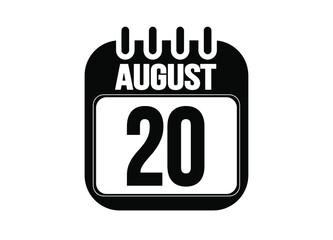 August 20. Day 20 of august. Black and white calendar vector. Template for the days of august.