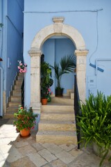 The door of a house in a small street in Casamassima, a village with blue colored houses in the Puglia region, Italy.