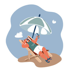 Vector illustration of Beach summer. Man on vacation holiday relax in the sun on deck chairs under umbrella