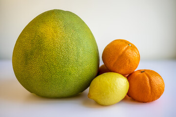 A whole pomelo, oranges and a lemon, isolated citrus fruits.