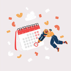 Vector illustration of woman marks the date in calendar with big pencil. menstruation, dating, fertility concept.