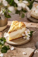 A piece of homemade cottage cheese pie or cheesecake on brown background decorated with blooming apple tree flowers in hard light