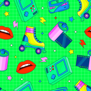 90's 80's Colorfull Abstract Objects and Technology Seamless Pattern Background Illustration
