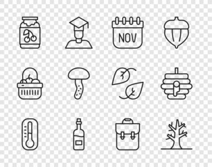 Set line Thermometer, Bare tree, November calendar autumn, Bottle of wine, Jam jar, Mushroom, School backpack and Hive for bees icon. Vector