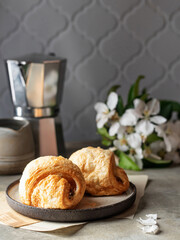 Two croissants in ceramic plate with coffee pot in back. Cozy good morning breakfast concept. Copy space