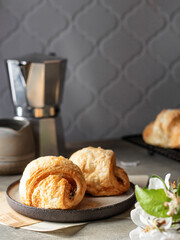 Two croissants in ceramic plate with coffee pot in back. Cozy good morning breakfast concept. Copy space
