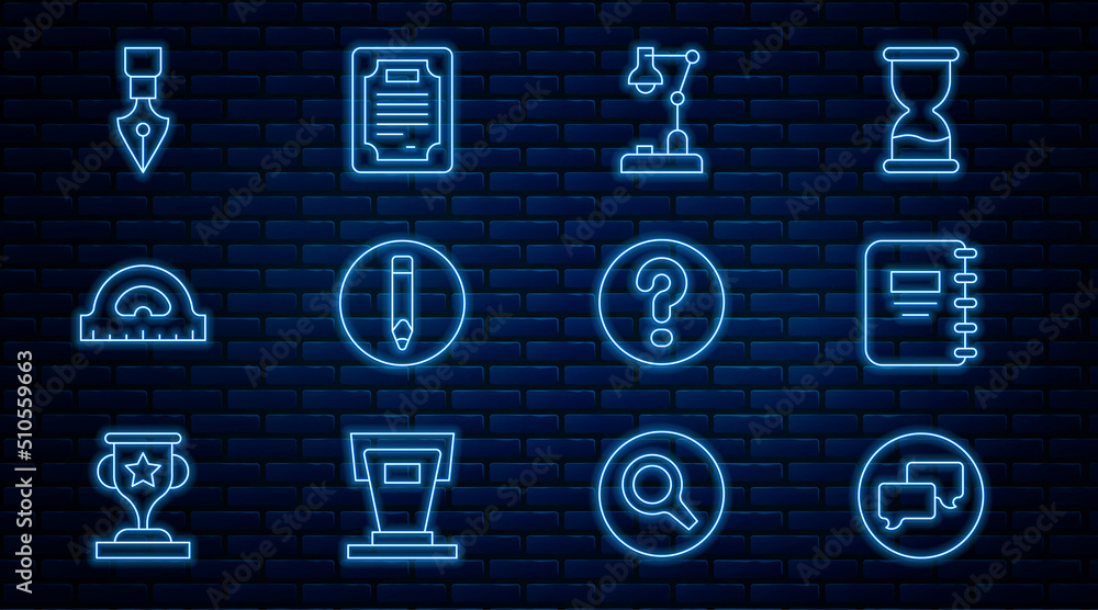 Poster set line speech bubble chat, notebook, table lamp, pencil, protractor grid, fountain pen nib, bubble