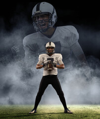 Creative portrait of young man, american football player at stadium in motion over smoked background with reflection effect. Sport, challenge, goals, activity concept.