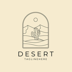 landscape desert with cactus badge logo line art vector icon symbol graphic design illustration