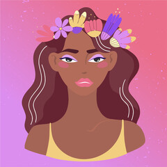 Beautiful afro american woman with flower wreath on pink violet background. Avatar for social network. fashion illustration isolated on background.