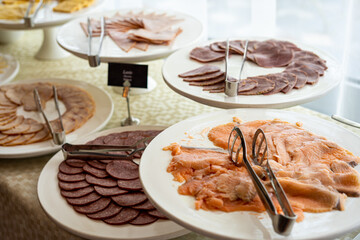 Food Buffet Catering Dining Eating Party Sharing Concept, Breakfast in the Luxury Restaurant, Meat and Fish Plates