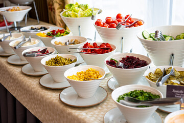 Food Buffet Catering Dining Eating Party Sharing Concept, Breakfast in the Luxury Restaurant, Vegetables and Salad Plates