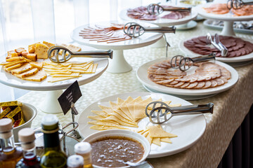 Food Buffet Catering Dining Eating Party Sharing Concept, Breakfast in the Luxury Restaurant, Meat, Cheese and Fish Plates
