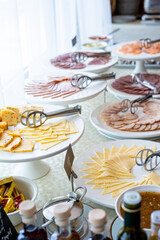 Food Buffet Catering Dining Eating Party Sharing Concept, Breakfast in the Luxury Restaurant, Meat, Cheese and Fish Plates